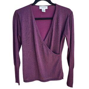 Calvin Klein Petites Womens Deep V Neck Purple Metallic Knit Wrap Blouse Top P/S